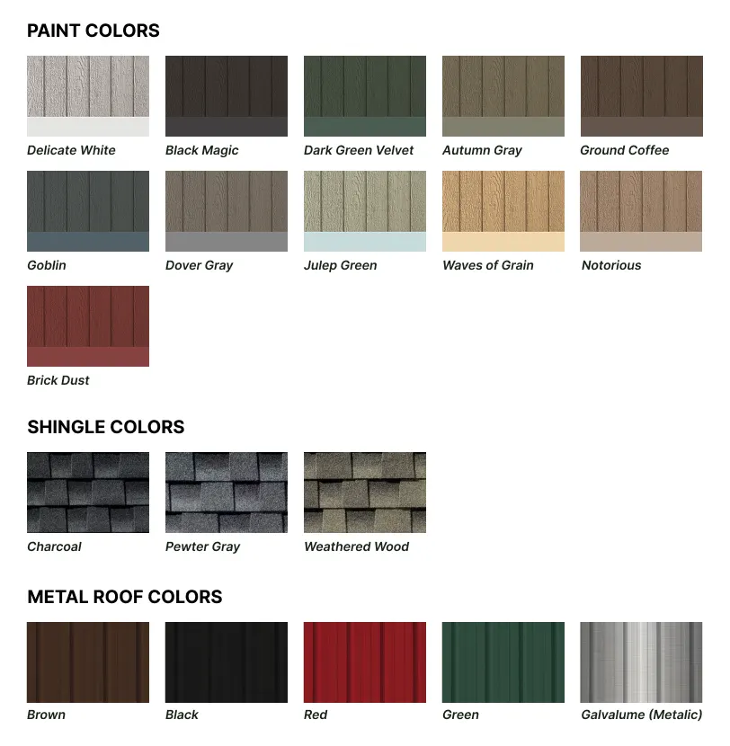 Paint, shingle and metal roof colour options